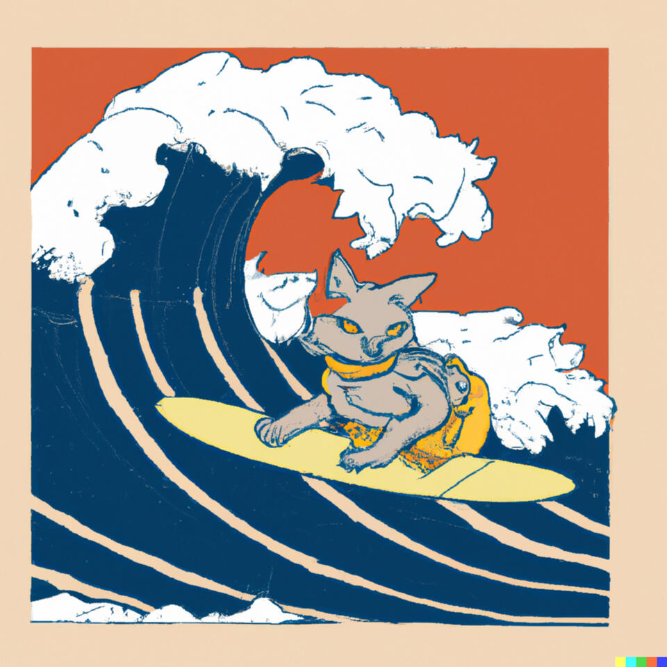 Japanese art inspired, cat surfing.