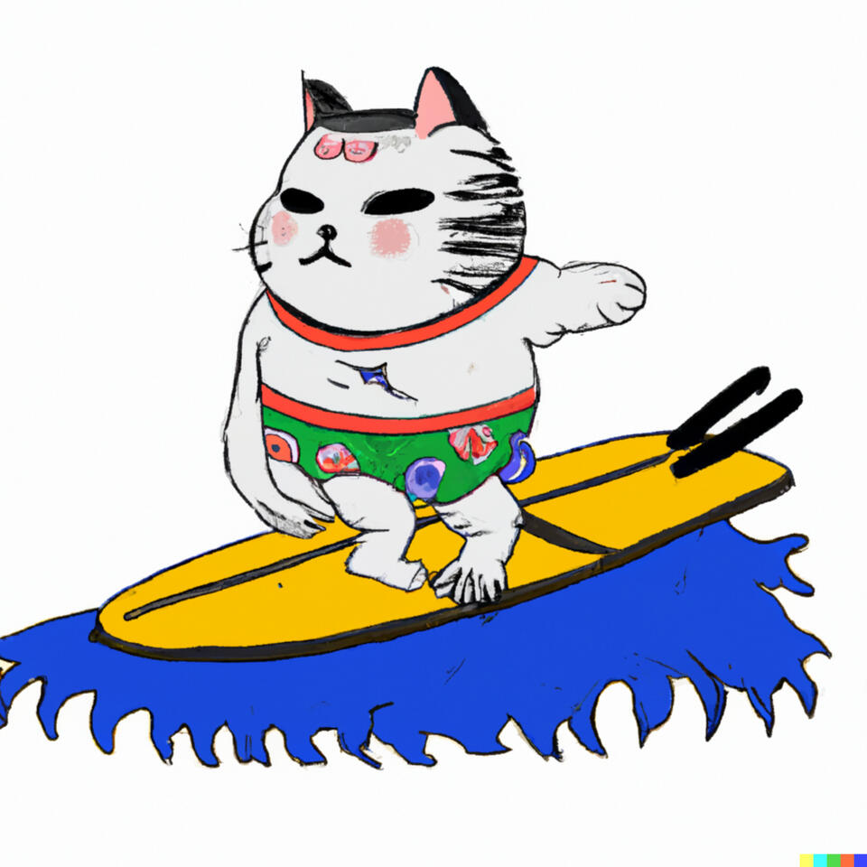 Japanese cat on long board surfing