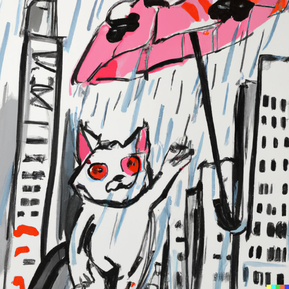 Cat in raining Tokyo Japan.